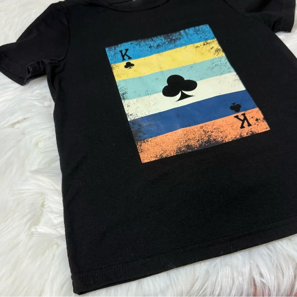SHEIN Youth Boy Size 7Y Black Short Sleeve Tee with Colorful Card Design